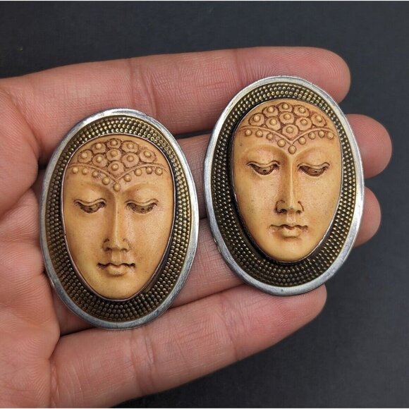 Tabra Guan Yin Buddha Goddess Resin Face Sterling Silver Earrings Pendant Set - Picture 11 of 16